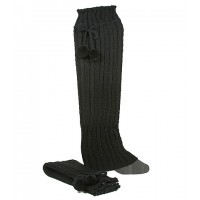 Socks/ Leg Warmers - 12 Pairs Knitted Leg Warmers w/ Drawstring Pompom - Black - SK-F1005BK